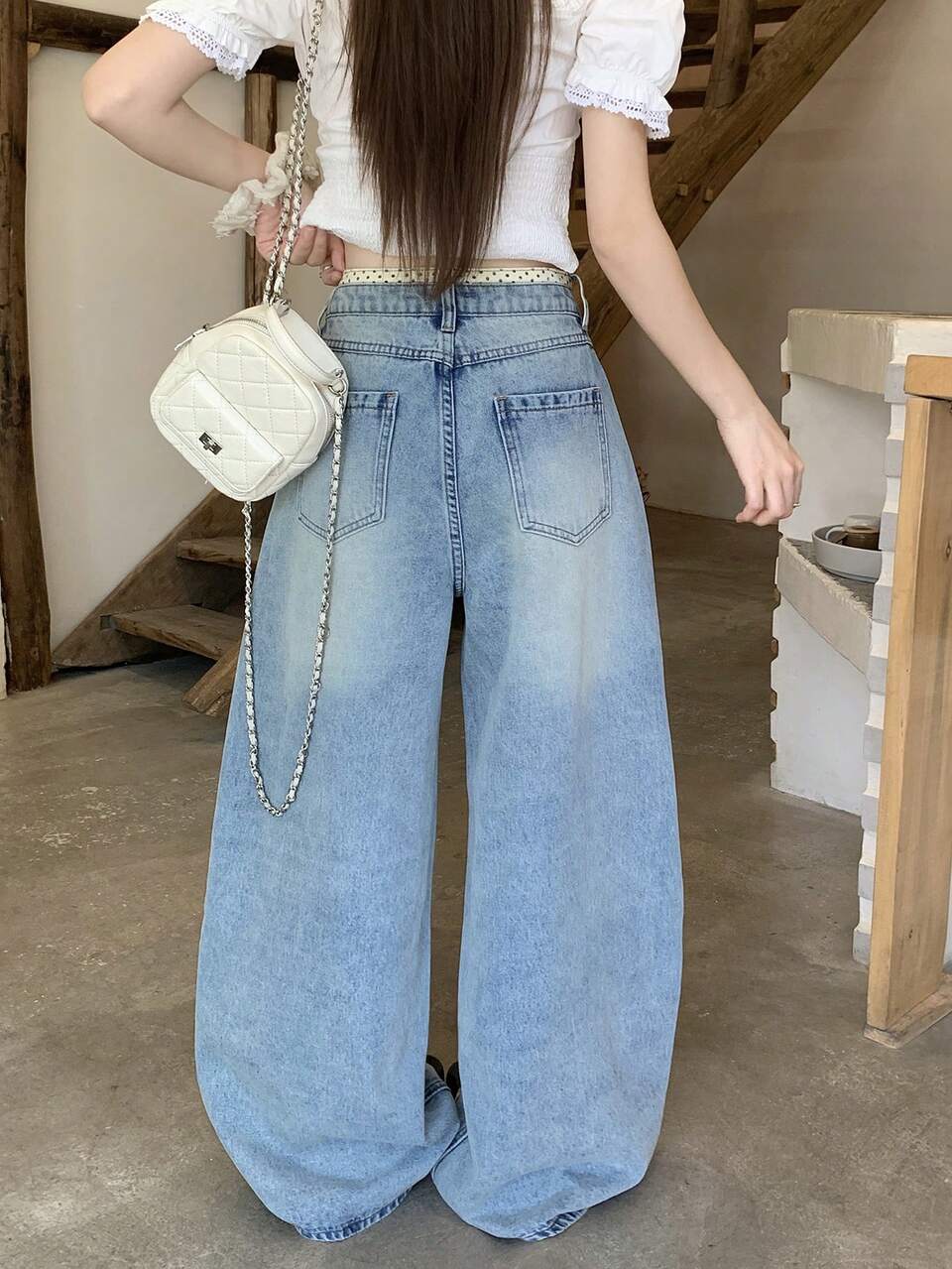 Women's Polka Dot Print Patchwork Button Pocket Loose Denim Pants