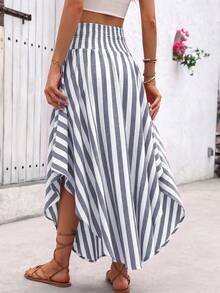 Wandoria Holiday Random Paisley Print Curved Hem Skirt Maxi Vacation Beach Outfits Women Blue And White Stripe Summer Surfer - Grey - View 2