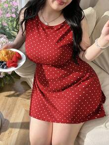 CovetEZ 春夏黑白波點露背蝴蝶結圓領休閒無袖大尺碼洋裝 - 紅色 - 查看 7