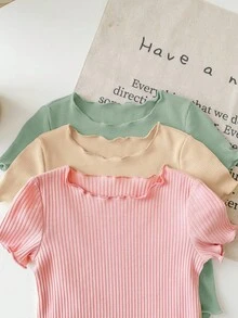 SHEIN 3件套新生女宝宝可爱纯色针织短袖连体衣套装，夏季 - 彩色 - 查看 5