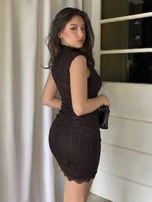 Firerie Vestido mini ajustado de verano elegante de unicolor con encaje y fruncido - Café integral - Ver 6