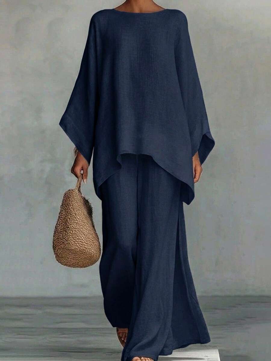 DAZY Women's Loose-Fitting White Two Pieces Set For Spring And Summer. - Navy Blue - View 1