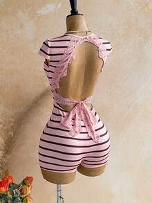 Soleia New Knit Striped Casual Hollow Back Square Neck Jumpsuit, Vacation, Music Festival, Bohemian, Cruise, Beach, Summer Outfit, Daily Wear - Multicolor - View 1