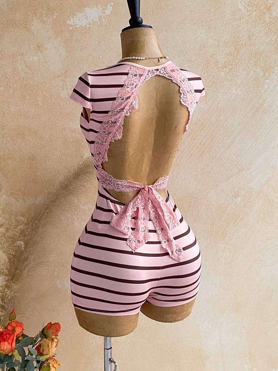 Soleia New Knit Striped Casual Hollow Back Square Neck Jumpsuit, Vacation, Music Festival, Bohemian, Cruise, Beach, Summer Outfit, Daily Wear - Multicolor - View 1