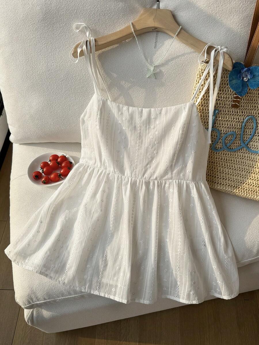 Comfortcana Plus Size White Casual Doll Collar Embroidered Camisole And Tank Top, Summer - White - View 1