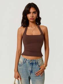 SHEIN BASICS 女款純色側開衩下擺修身掛脖背心 - 黑色 - 查看 6