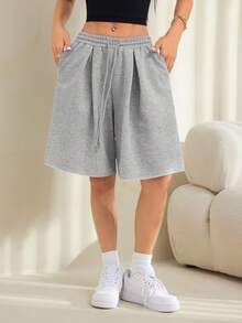SHEIN PETITE 女款春夏街頭風度假日常穿著返校休閒運動基礎款寬鬆低腰百慕達跨襠褲 - 灰色 - 查看 6