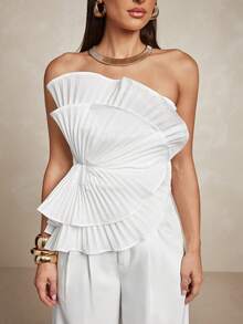 Silquee Women's Solid Color Pleated Ruffle Trim Fashion Bandeau Top Party - White - View 4