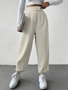 EURMUSE Cone Shaped Women Grey Suit Pants With Detailed Waist - Cream - View 5