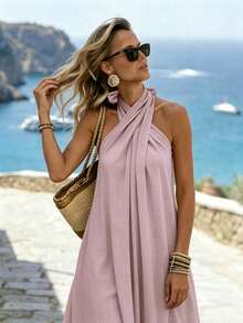 SHEIN Holidaya Mono halter de color caqui para vacaciones de mujer, mono a juego para vacaciones de mujer, conjunto de vacaciones de mujer - Rosa - Ver 4