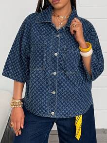 Jeanoix Jaket Denim Kasual Serbaguna untuk Wanita Ukuran Plus dengan Kancing Tunggal, Cocok untuk Penggunaan Sehari-hari - Dark Wash - View 5