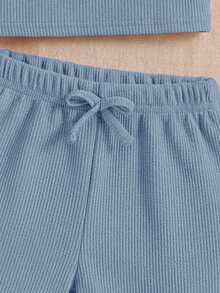 SHEIN 兒童小女孩休閒純色無袖背心與短褲套裝 - 霧霾藍 - 查看 4