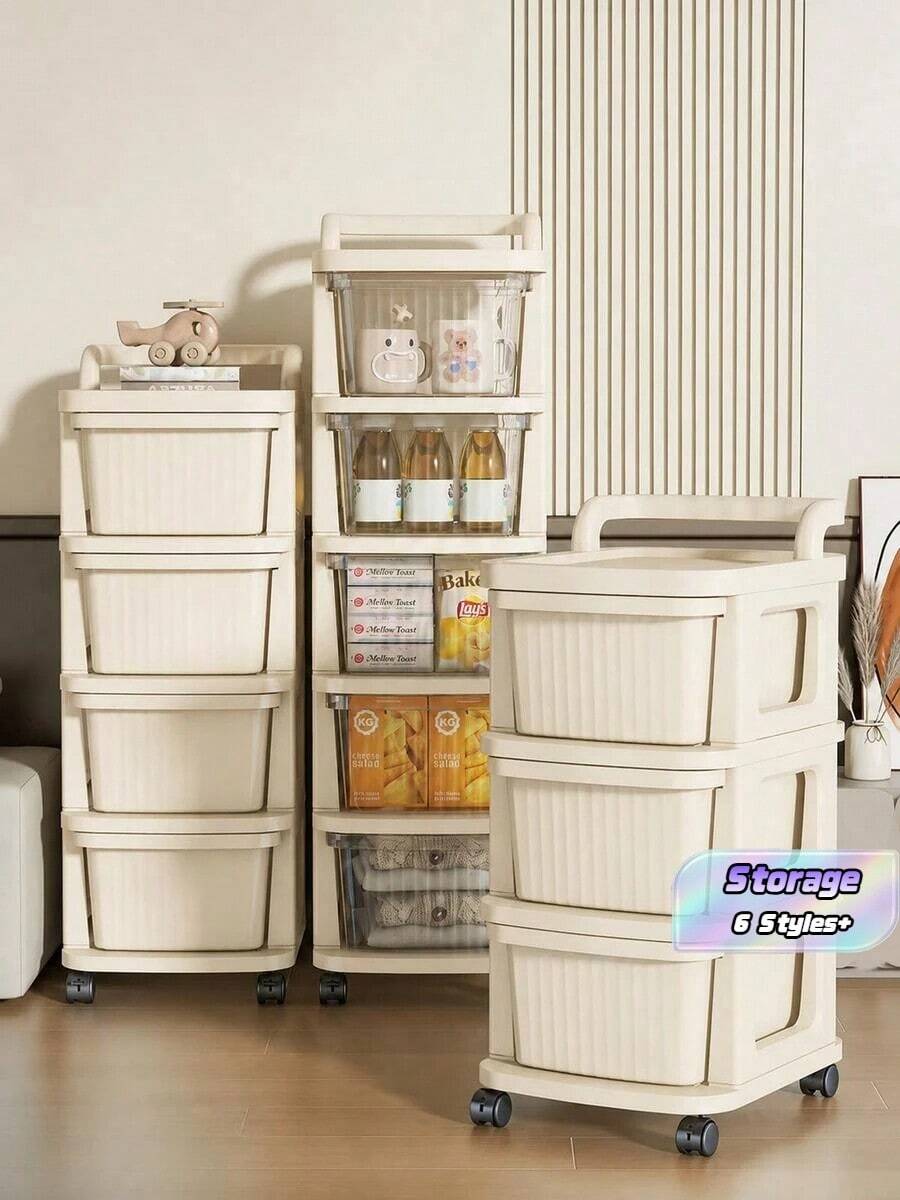 1件奶油色塑料抽屜收納櫃附輪子,適合存放零食、玩具、化妝品及各種其他物品,居家收納好幫手 - 彩色 - 查看 1