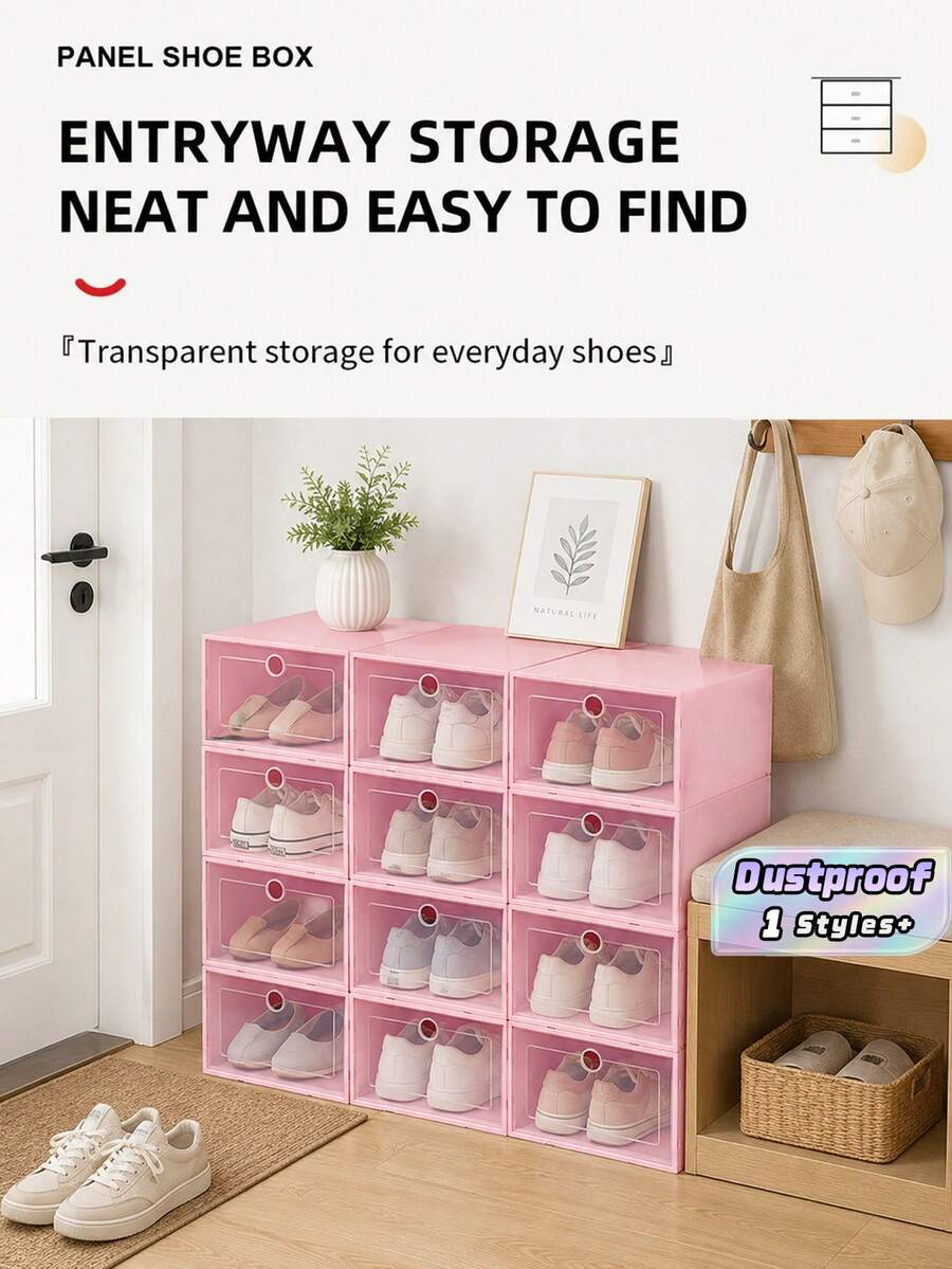 Transparent PP Plastic Shoe Storage Boxes, Flip Drawer Design Dustproof Moisture Proof Shoe Organizer Containers, Small Stackable Shoe Case In Pink For Closet & Entryway Storage - View 1