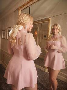 SHEIN MOD Plus Size Mesh Splicing Lace-Up Pink Dress,Corset Dress For Women - Pink - View 7