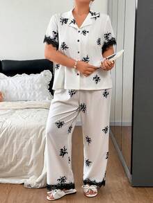 Napfluff CURVE Napfluff CURVE Plus Size Women's Eyelash Lace Trim Print Open Front Pajama 2-Piece Set - White - View 6