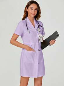TaskEZ Solid Color Short Sleeve Single-Breasted Pocket Lab Coat - Purple - View 1