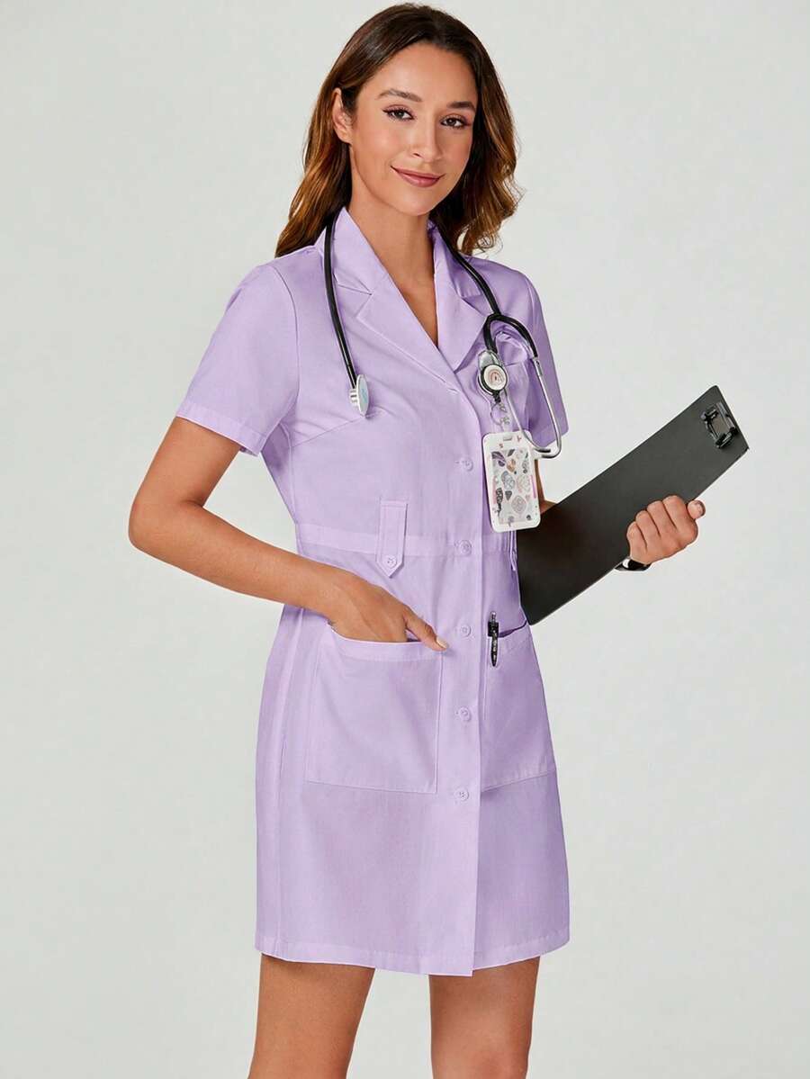 TaskEZ Solid Color Short Sleeve Single-Breasted Pocket Lab Coat - Purple - View 1