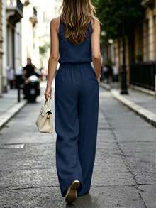 SHEIN Conjunto de 2 piezas de top de tirantes con cuello en V y pantalones de pierna ancha para mujer, estilo de negocios y desplazamiento - Azul Marino - Ver 2