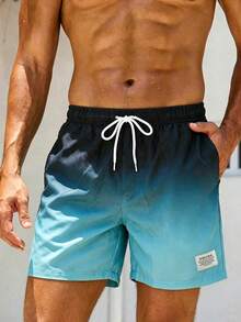Naviga Onda Men's Vacation Letter Patched Gradient Drawstring Waist Beach Shorts, Holiday - Black - View 5
