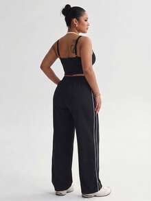 SHEIN Dewbera 2pcs Plus Size Women's Spring/Summer Sports Set, 2 In 1 Contrast Design, Spaghetti Straps, Back Cutout, Fitted Women's Sports Top And Straight Leg Pants, Woven Fabric, Side Contrast Stripe Patchwork, Loose Women's Sports Pants, Straight Leg Pants, Suitable For Daily Casual, Running, Yoga, Gym, Golf, Tennis - Black - View 2