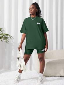 SHEIN 青少年女孩針織純色Logo T恤與短褲2件套 綠色 - 綠色 - 查看 4