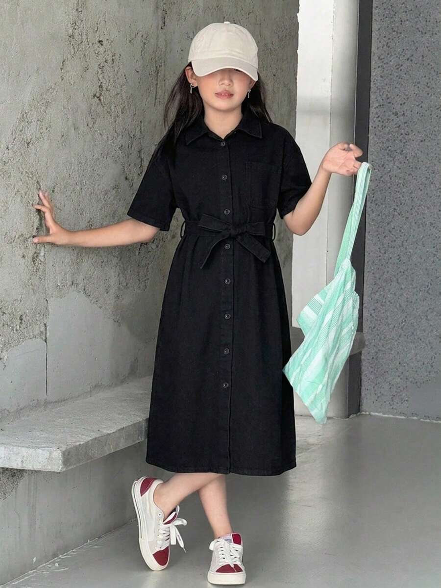 Dazy Kids 青少年女孩秋季服飾 青少年女孩牛仔短袖洋裝 夏季 - 黑色 - 查看 1