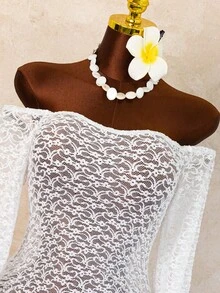 Swim Vcay Women's Lace Cover-Up Moonlight White Heart Lace Texture Exposed Shoulder Slim Fit Bodycon Side Detail Sexy Y2K Style Summer Vacation Nightclub Pool Niche Eye-Catching Look Crisp Youthful Travel Photography Outfit Personalized Check-In Style Beach Outerwear Sheer Bright - White - View 8
