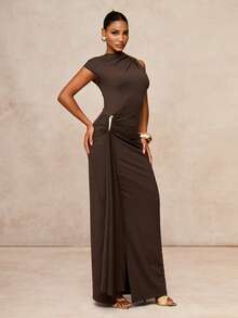Lumalex Dark Brown Asymmetric One Shoulder Maxi Dress With Hardware Ruched Hip Draped Skirt And Front Slit Luxury Elegant For Party Bar Party Dinner Summer - Brown - View 11