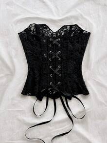 Soleia 歐美年輕度假風性感前衛抹胸蕾絲雙層修身魚骨束胸衣 Bustier Ins 風格白色鏤空刺繡塑身女上衣，適合深夜外出、婚禮賓客禮服，秋季女裝 - 黑色 - 查看 2