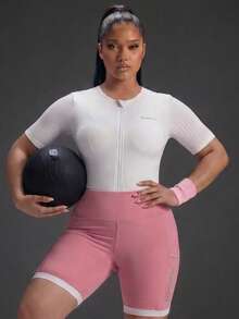 Powerista Women's White & Pink Colorblock Mid-Sleeve Mid-Length Plus Size Athletic Jumpsuit  Daily Travel Sports Shorts Yoga Fitness Lifestyle Casual Gym Summer - Pink - View 4