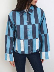 Nöista Women's Striped Cropped Jacket In Warm Pink And Rust Tones With Contrast Patch Pockets And Relaxed Fit. Lightweight Cotton Fabric With Button-Front Closure And Modern Boxy Silhouette-Perfect For Spring Layering, Casual Chic Outfits, Everyday Wear, Summer Styling, And Transitional Seasons. - Blue - View 7