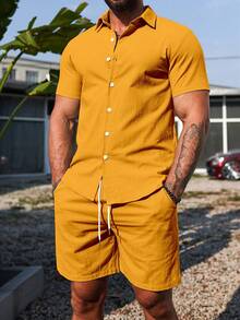 Manfinity Homme Men's Summer Casual Solid Color Shirt And Shorts Set - Pale Yellow - View 5