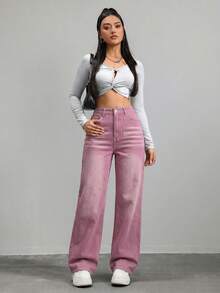 SHEIN ICON 女款寬鬆寬腿休閒牛仔褲，附口袋 - 紅木色 - 查看 5