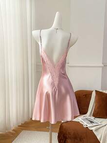 Moireta Lace Patchwork Sexy Open Back Faux Silk Camisole Nightgown For Women - Pink - View 4