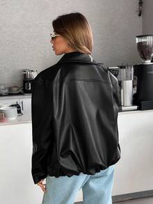 Muchica Women's Black PU Leather Bomber Jacket – Faux Leather Zip Up Short Jacket With Oversized Collar - الأسود - مشاهدة 6
