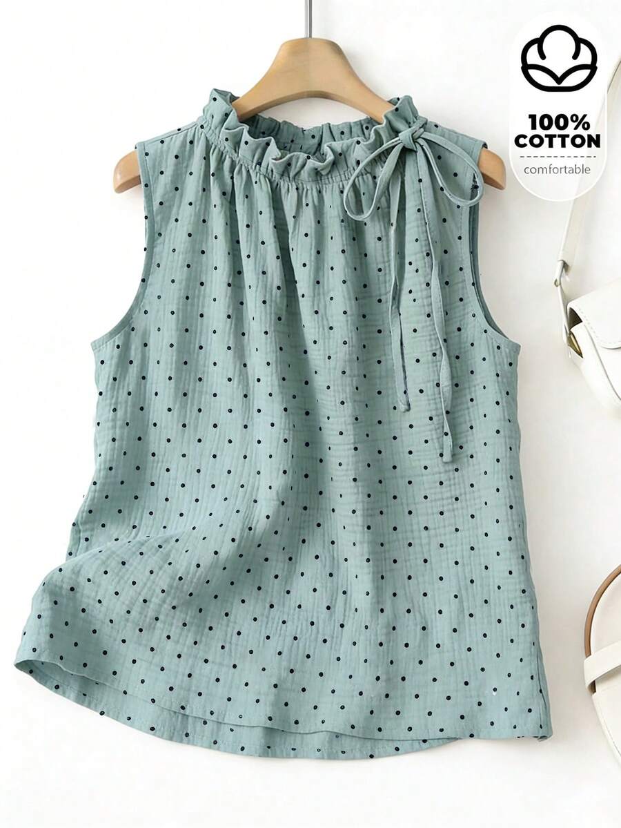 SHEIN Franclia 女款春夏度假波點圖案荷葉邊飾綁帶設計無袖上衣 - 薄荷綠 - 查看 1