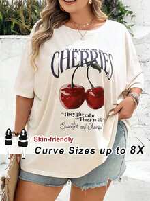 SHEIN CURVE+ 大码女式度假圆领短袖宽松T恤，杏色度假图案波西米亚风度假T恤 - 杏色 - 查看 8