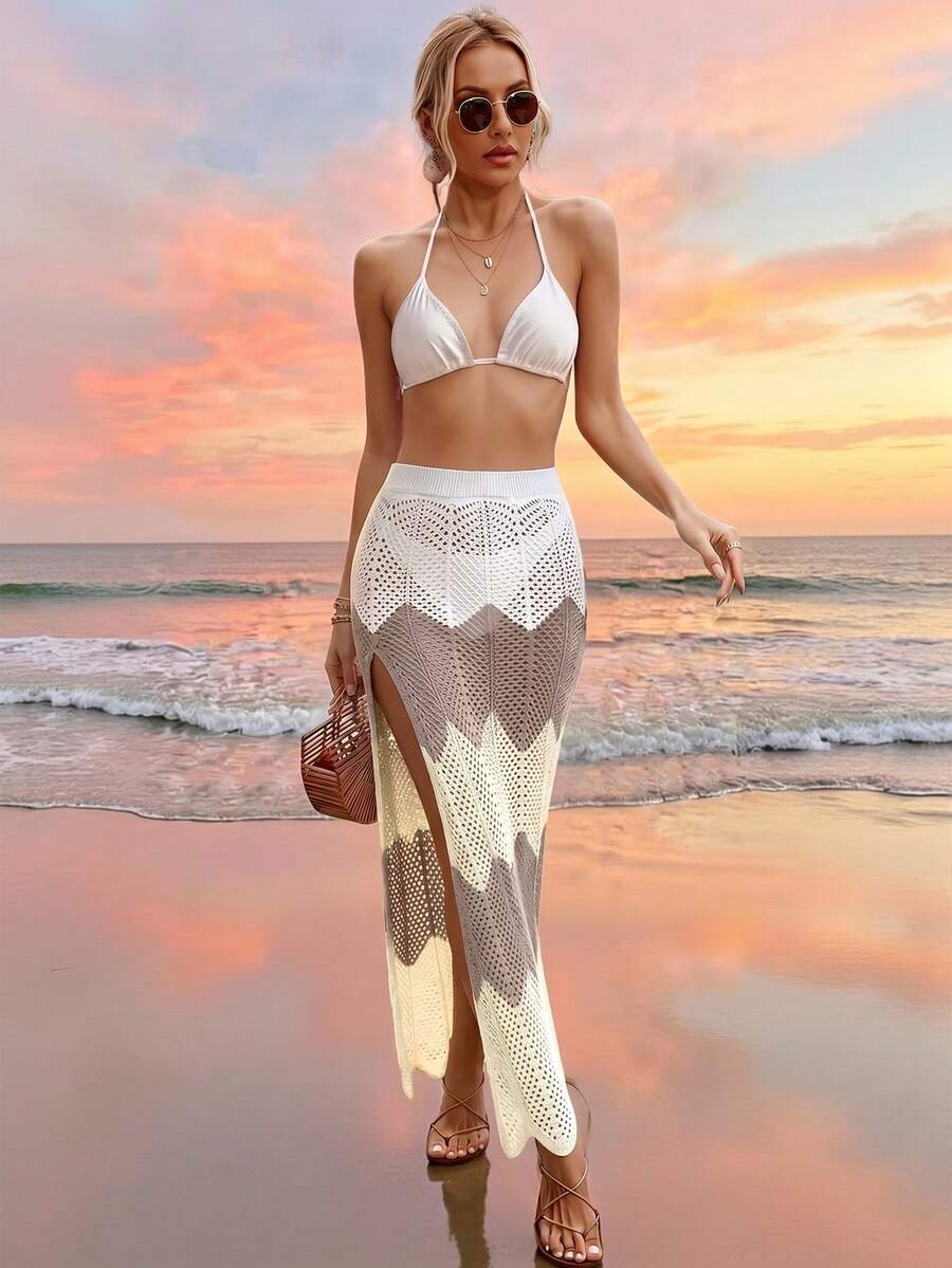Swim Vcay Rok Penutup Liburan Wanita Motif Blok Warna dengan Belahan Samping - MultiWarna - View 1
