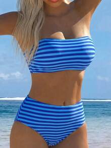 Swim Mod 女款夏季度假海灘條紋印花可拆式細肩帶平胸高腰比基尼套裝 - 藍色 - 查看 1