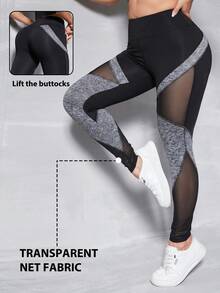 SHEIN Dewbera Leggings deportivos de talla grande con bloques de color y patchwork de malla - Multicolor - Ver 1