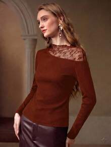 MOTF PREMIUM LACE MESH PATCHWORK RIBBED KNIT T-SHIRT - Brown - View 6