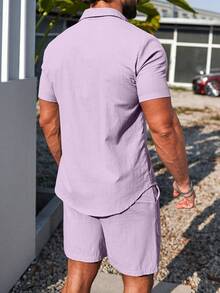 Manfinity Homme Men's Solid Color Single-Breasted Short Sleeve T-Shirt And Shorts Casual Daily Outfit - Mauve Purple - View 2
