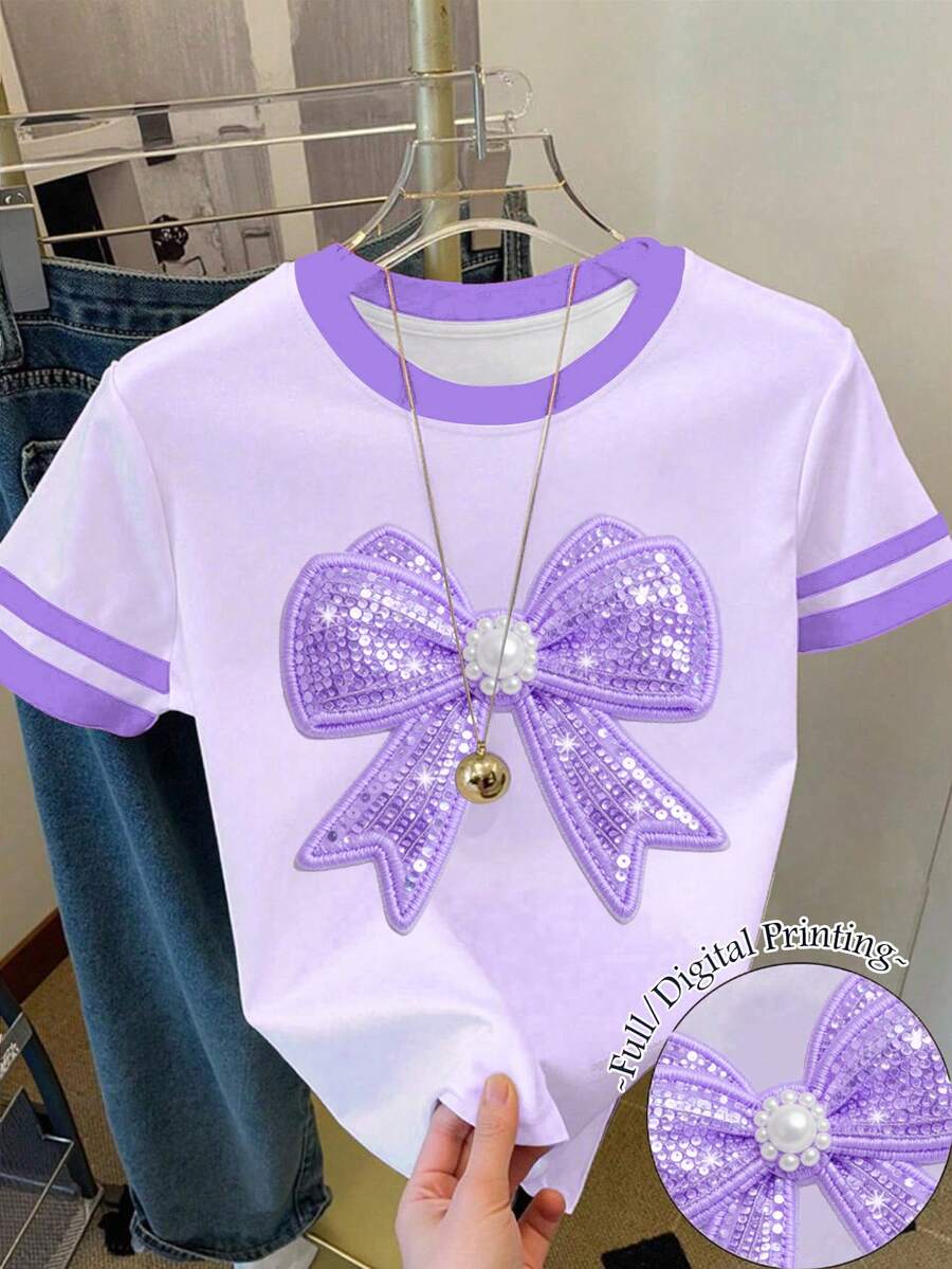 少女休閒仙氣極簡可愛甜美亮面蝴蝶結圖案,奶油紫圓領短袖T恤,適合夏季 - 彩色 - 查看 1