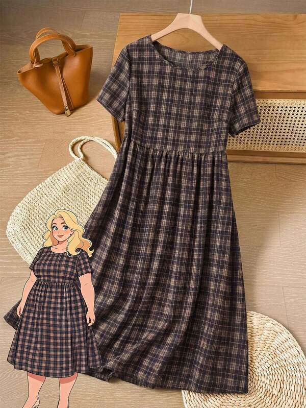 Rusticease Plus Size Casual Plaid Vacation Dress