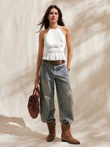 Easelle Ruched Halter Neck Cinched Waist Backless Tie Strap Tank Top - White - View 3