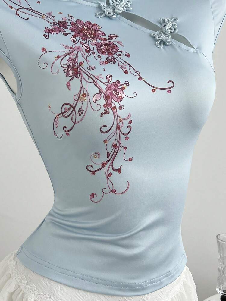 Elamini Hot Girl New Chinese Style National Wind Design Retro Print Stand Collar Frog Button Fashion Summer Slim Fit Women's T-Shirt - Blue - View 6