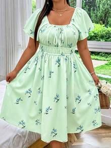 SHEIN MOOSTA Plus Size Women's Floral Digital Print Dress With Drawstring Chest And Elastic Waist - Mint Green - View 4