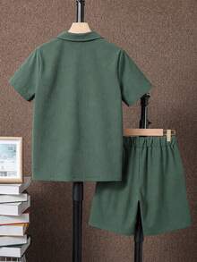 SHEIN Tween Boy Summer Casual Solid Color Shirt & Shorts 2 Pieces Set - Dark Green - View 2