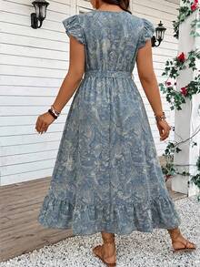 SHEIN VCAY Vestido elegante de talla grande para mujer con estampado de anacardo y mangas volantes para vacaciones - Azul - Ver 2